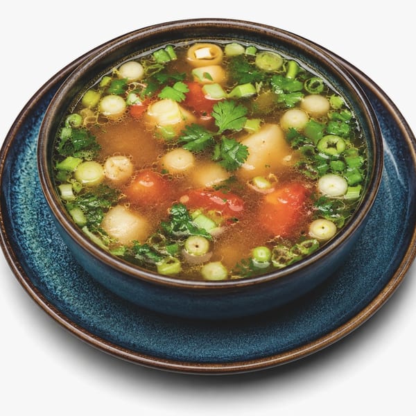 Close-up of a vibrant soup with vegetables, herbs, and dumplings in a dark blue bowl.