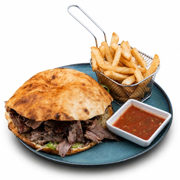 A beef doner kebab in flatbread, served with fries in a metal basket and a side of red sauce.